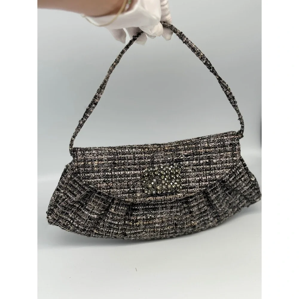 Stuart‎ Weitzman Tweed Shoulder Bag Rhinestone Buckle Y2K Evening Gray Black